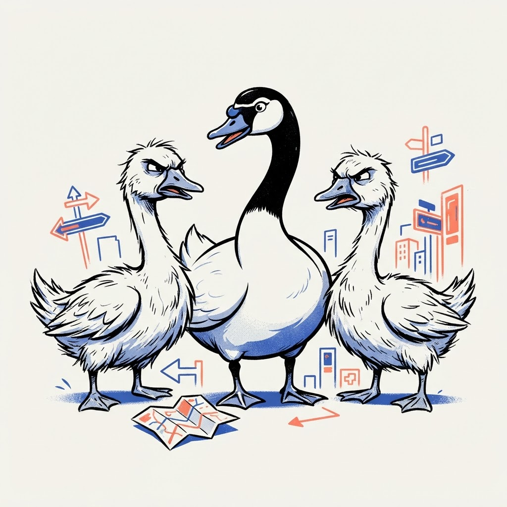 Two annoyed geese glaring at a proud swan